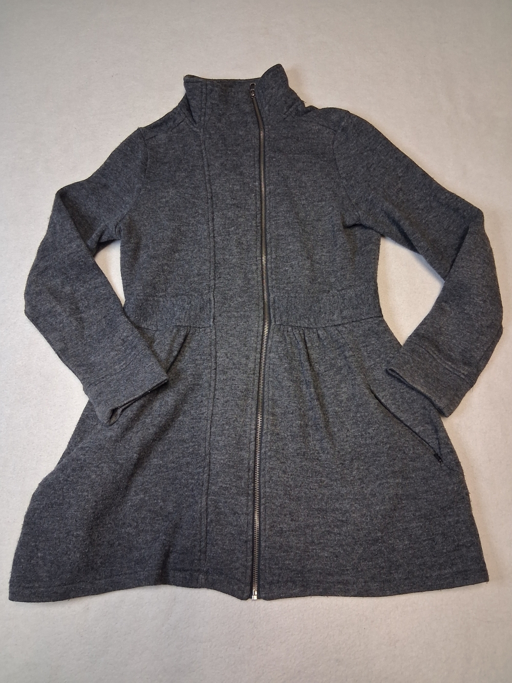 Dark Gray Zip-Front Pea Coat with Flared Skirt